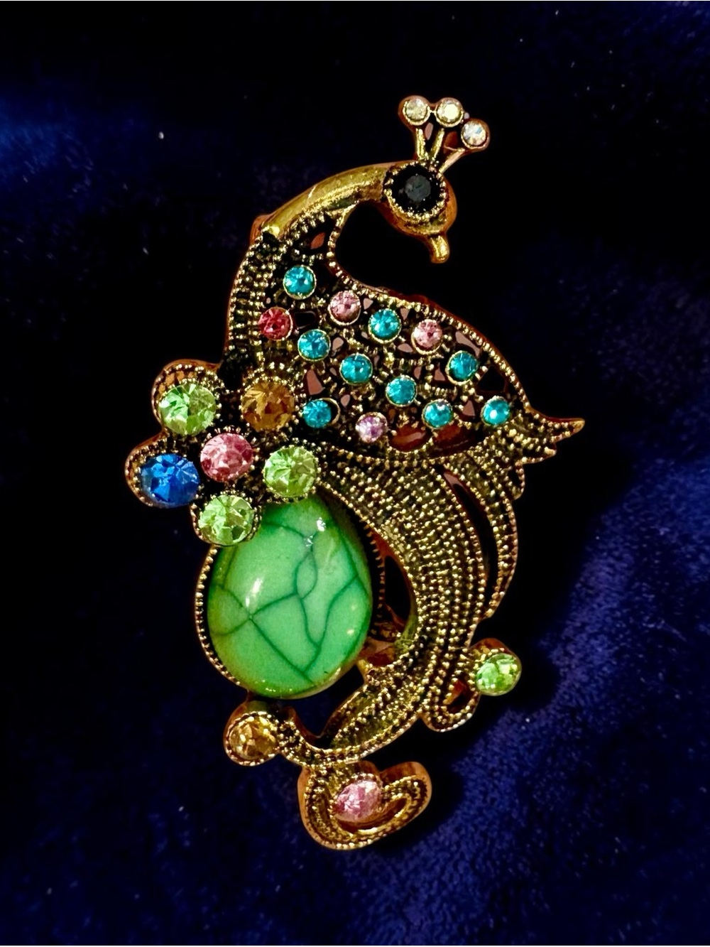 Gold-Tone Peacock Brooch with Green Cabochon and Multicolor Crystals